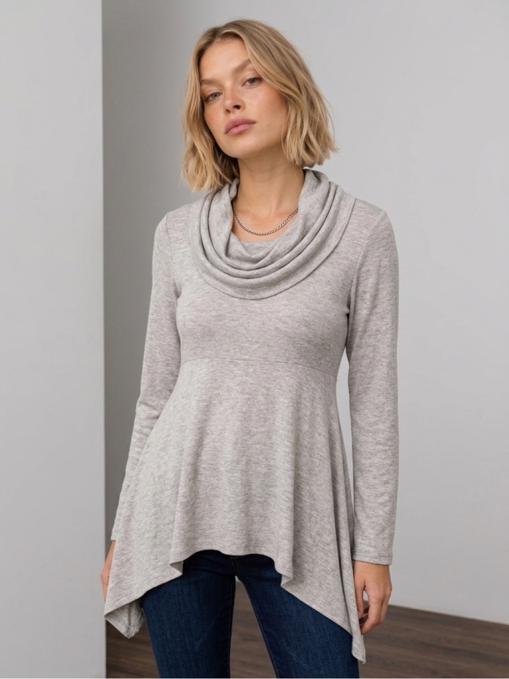 Karen Kane Gray Cowl Neck Tunic Top Size L Soft Stretch Asymmetrical Hem